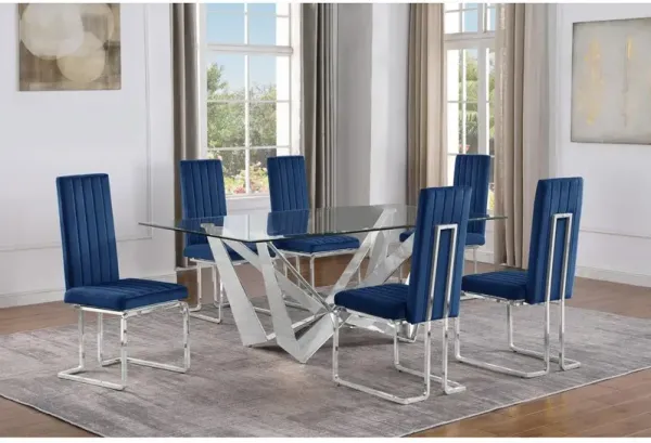 7pc Small(78") glass dining set with silver base and 6 Navy blue side chairs