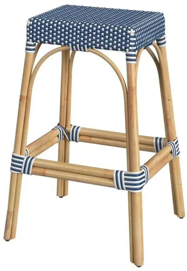 Butler Specialty Robias Rectangular Rattan 30 Bar Stool, Blue and White Dot