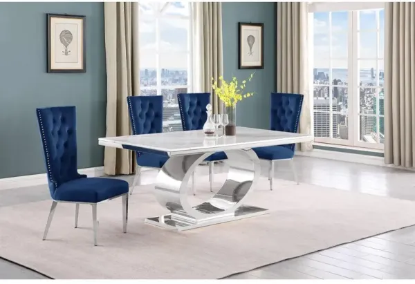 5pc Small(68") marble top dining set with silver base and 4 Navy blue chairs