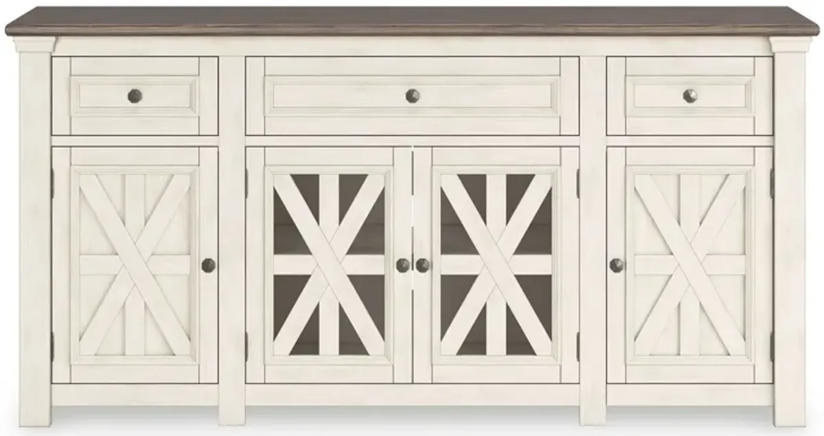 Bolan TV Media Console, White, Weathered Gray Wood, Metal, 73 Inch - Benzara