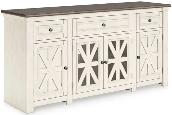 Bolan TV Media Console, White, Weathered Gray Wood, Metal, 73 Inch - Benzara