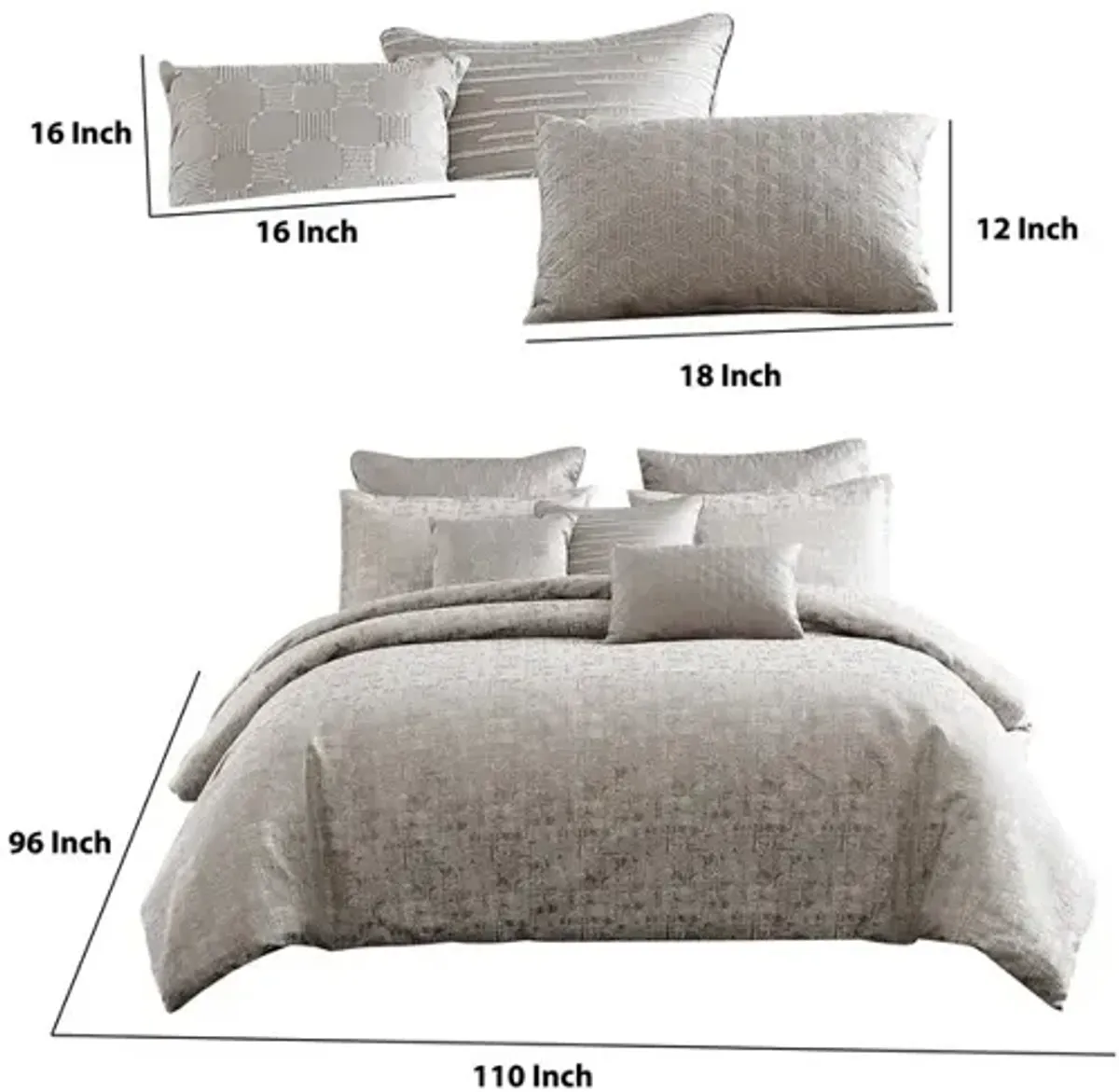 10 Piece King Polyester Comforter Set with Jacquard Print, Gray - Benzara