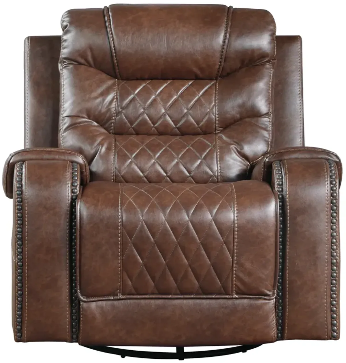 Paul 38 Inch Manual Swivel Glider Recliner Chair, Brown Faux Leather - Benzara