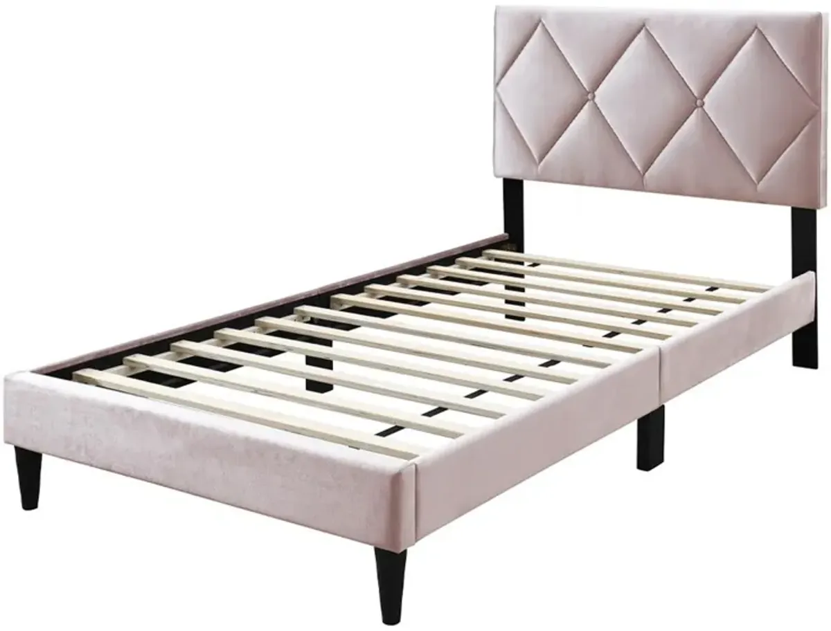 Lilian Full Bed, Tufted Light Pink Velvet Upholstery, Diamond Stitch - Benzara
