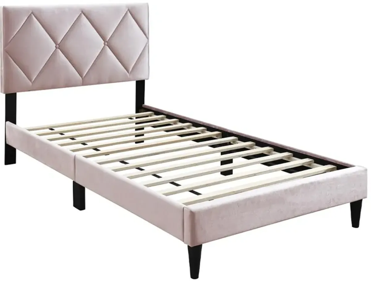 Lilian Full Bed, Tufted Light Pink Velvet Upholstery, Diamond Stitch - Benzara