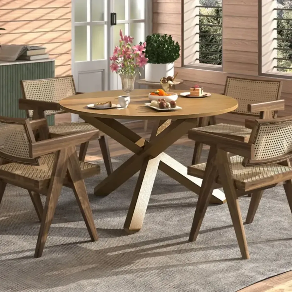 47 Inches Round Dining Table with Solid Acacia Wood Legs for 4-6 Person