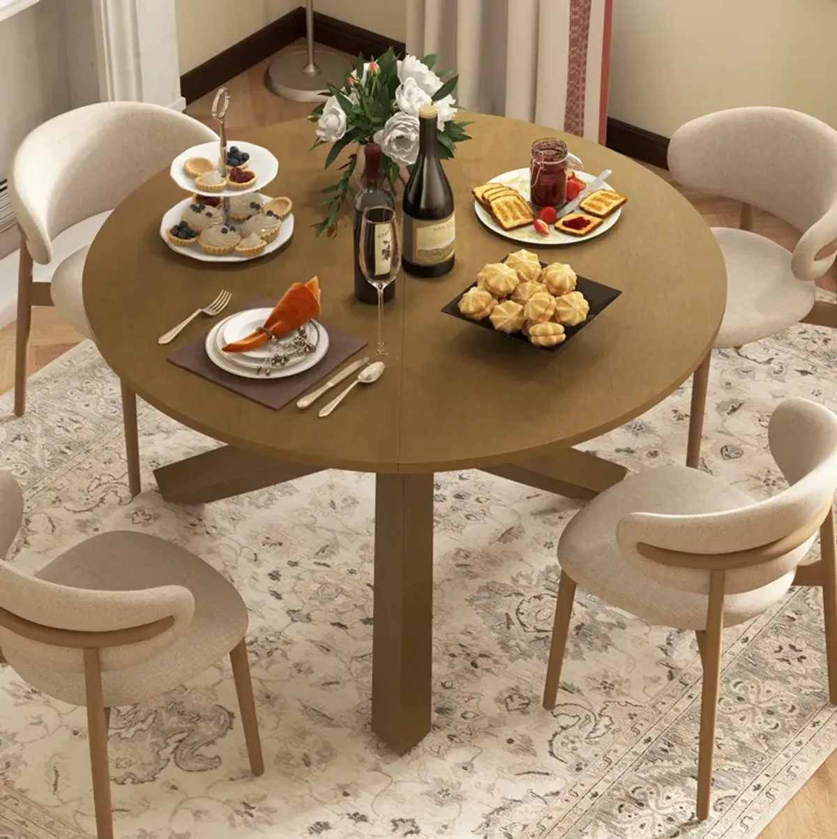 47 Inches Round Dining Table with Solid Acacia Wood Legs for 4-6 Person