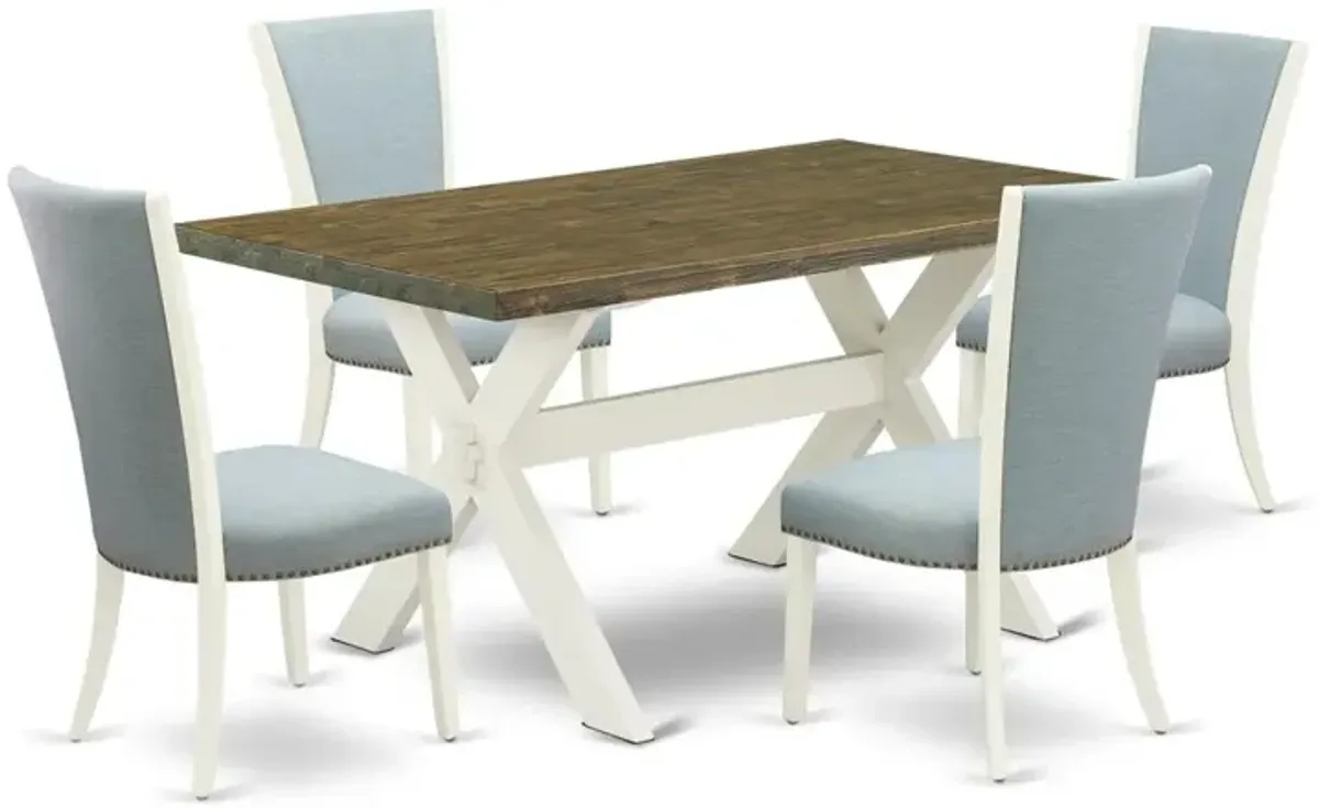 East West Furniture X076VE215-5 5 Piece Dining Table Set - 4 Baby Blue Linen Fabric Upholstered Chair with Nailheads and Distressed Jacobean Wood Dining Table - Linen White Finish