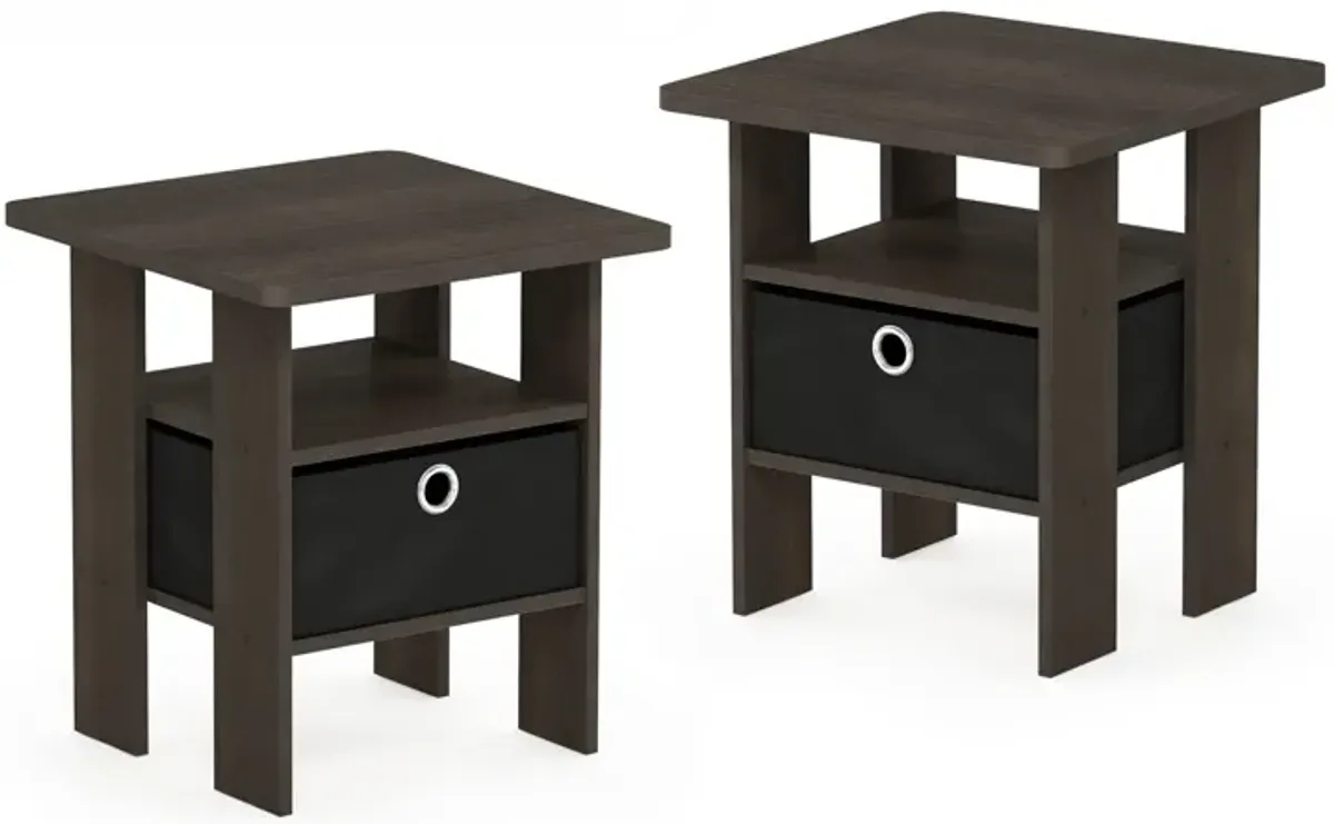 FurinnoFurinno Andrey Set of 2 End Table / Side Table / Night Stand / Bedside Table with Bin Drawer, Dark Brown/Black