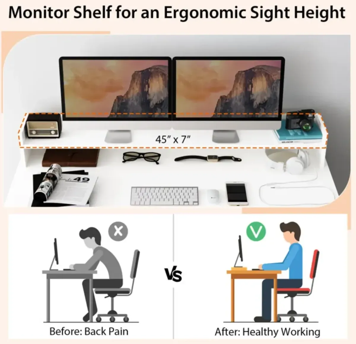 Hivvago Office Computer Desk with Dual 3 Tier Bookshelf and Monitor Shelf