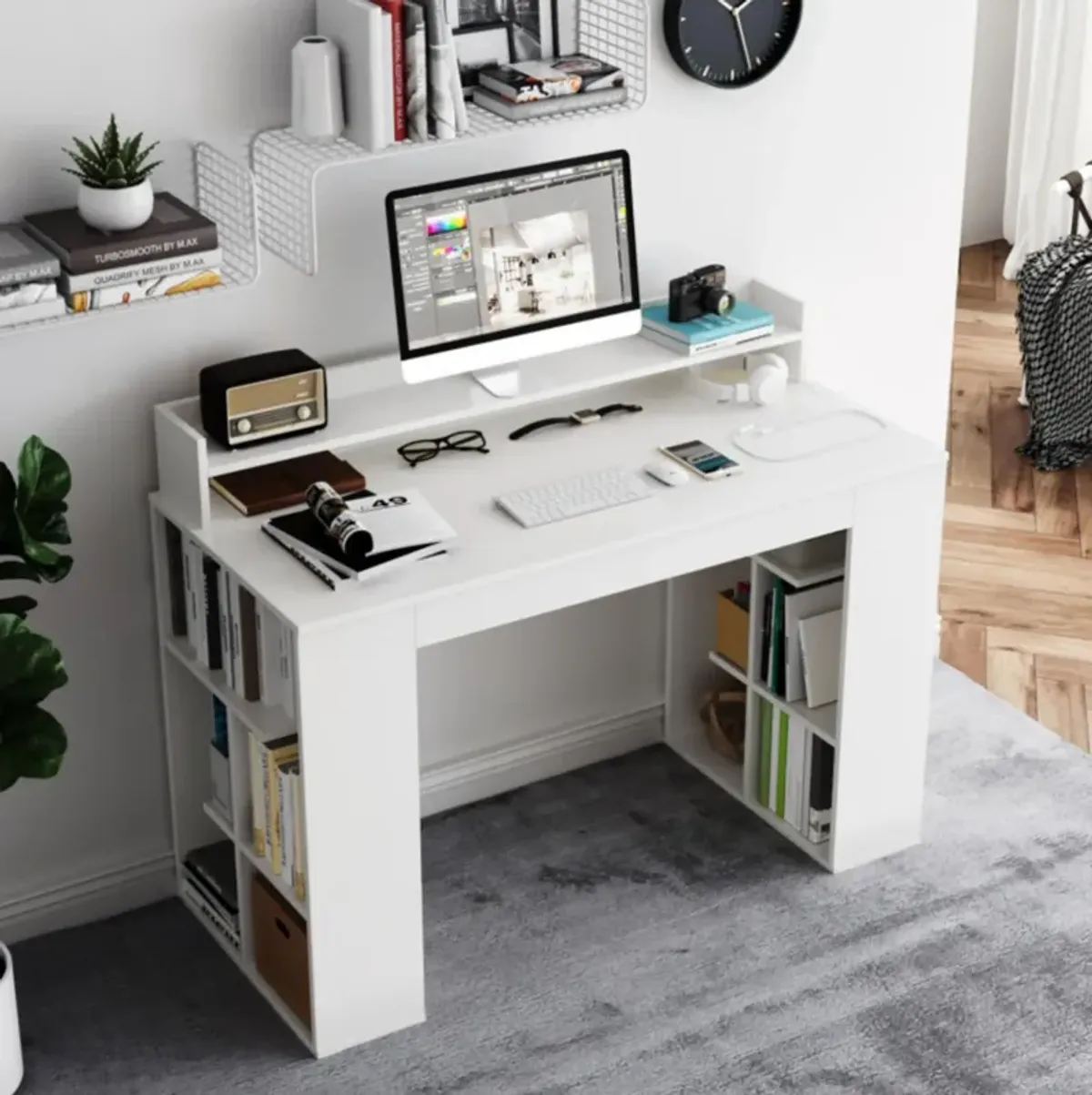 Hivvago Office Computer Desk with Dual 3 Tier Bookshelf and Monitor Shelf