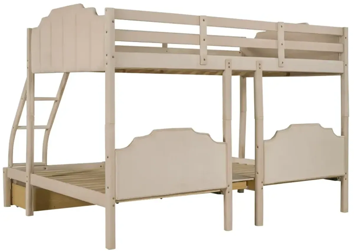 Full Over Twin & Twin Bunk Bed, Velvet Triple Bunk Bed With Drawers And Guardrails