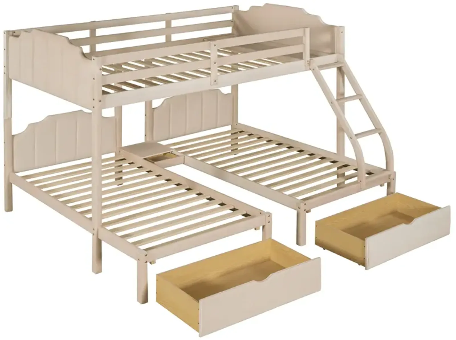 Full Over Twin & Twin Bunk Bed, Velvet Triple Bunk Bed With Drawers And Guardrails