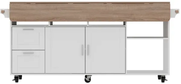 FUFU&GAGA 63" White Rolling Kitchen Island Cabinet with Flip-Top Tables, 2 Drawers, 2 Doors, Open Storage, and Lockable Wheels, Multi-Functional Serving Station (63 in. L x 31.7 in. D x 31.6 in. H),White