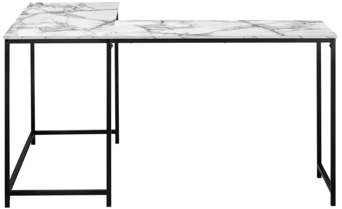 Monarch Specialties I 7393 Computer Desk, Home Office, Corner, 58"L, L Shape, Work, Laptop, Metal, Laminate, White Marble Look, Black, Contemporary, Modern