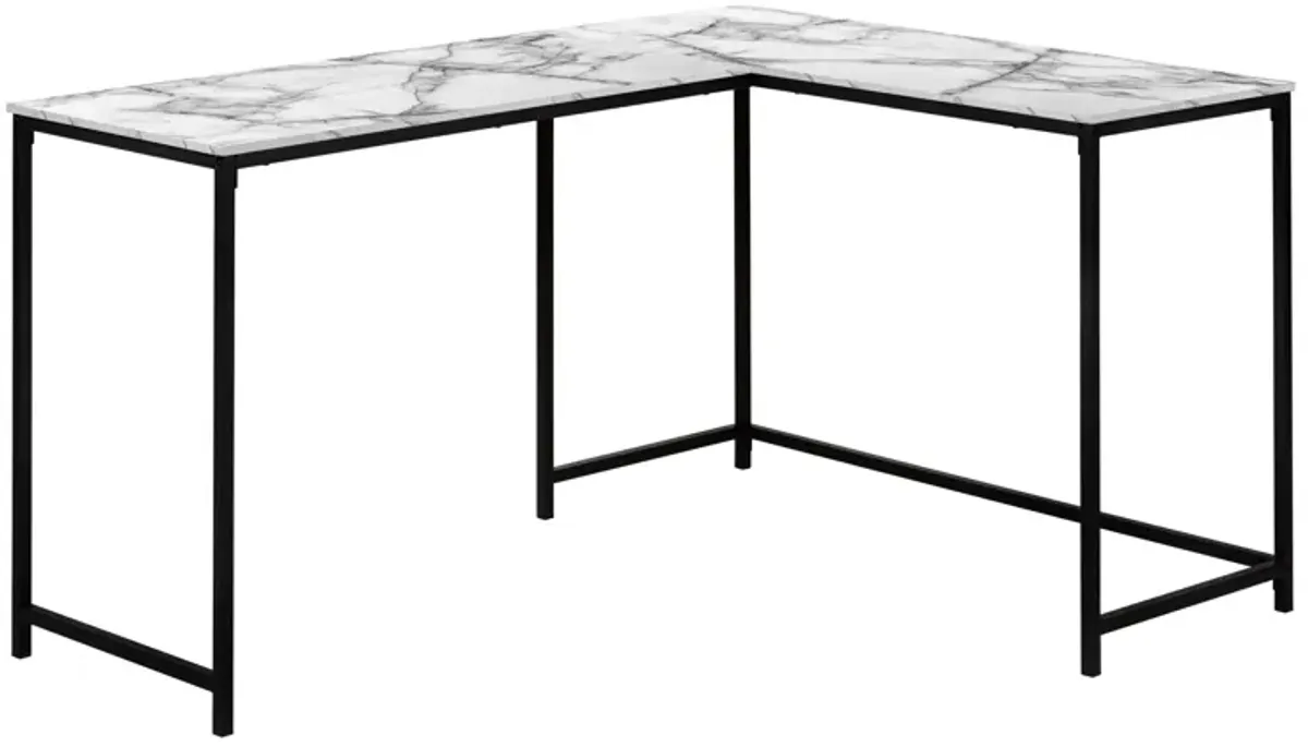 Monarch Specialties I 7393 Computer Desk, Home Office, Corner, 58"L, L Shape, Work, Laptop, Metal, Laminate, White Marble Look, Black, Contemporary, Modern