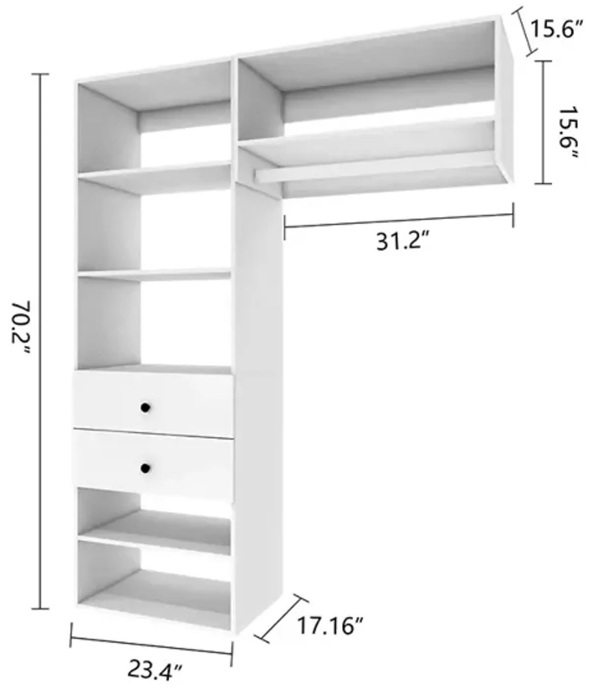 Wood Closet System with 2 Drawers Modular  Storage Cabinet, Hanging Rod and 6 Shelves Clothes Garment Rack Wall Mount or Built-in Organizer for Bedroom 