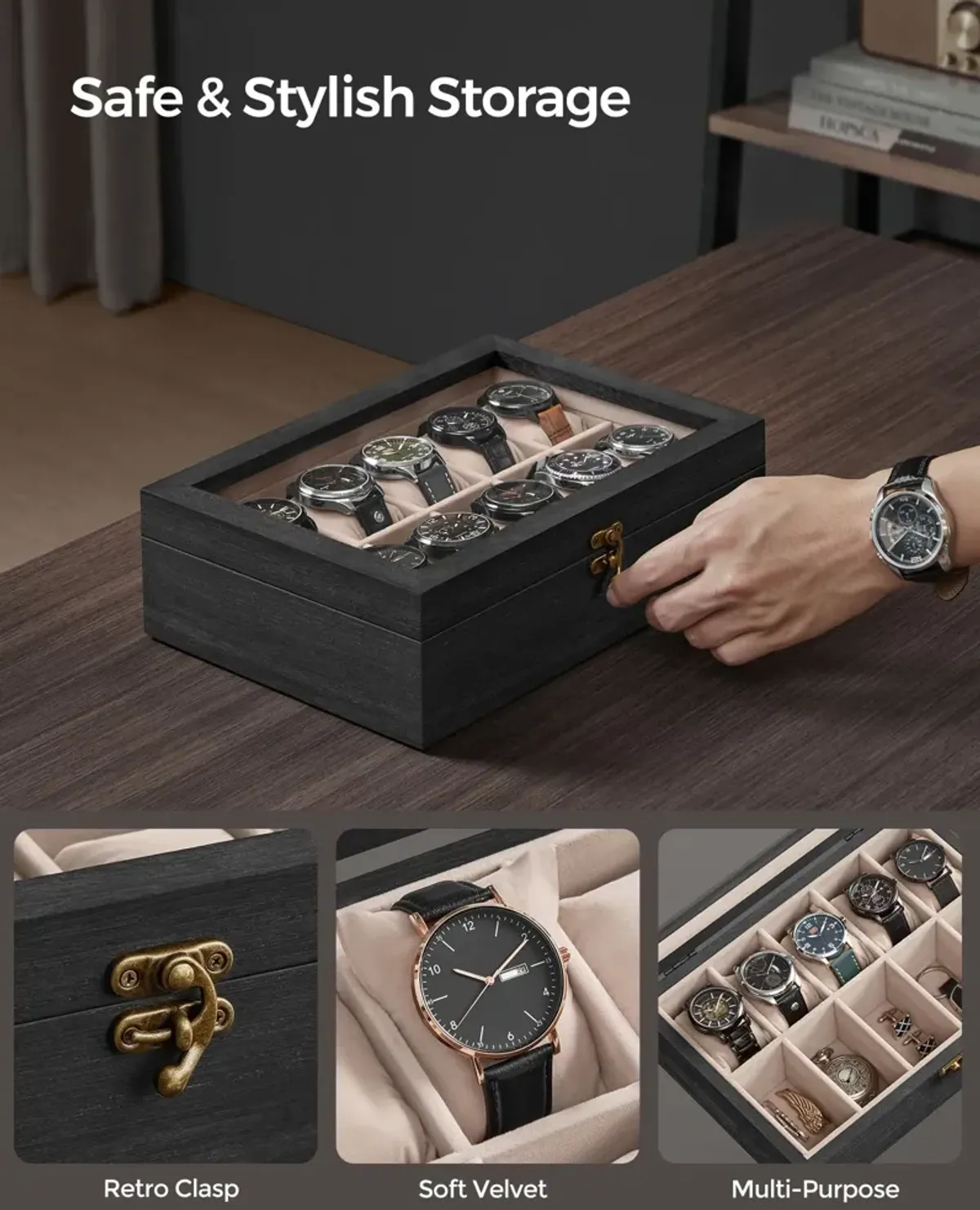 10-Slot Solid Wood Watch Box for Premium Timepiece Storage