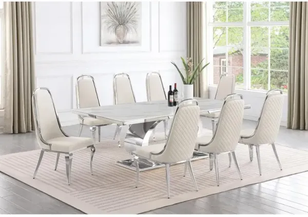 Best Quality Furniture 9pc Large(87) marble top dining set with silver base and 8 Cream side chairs
