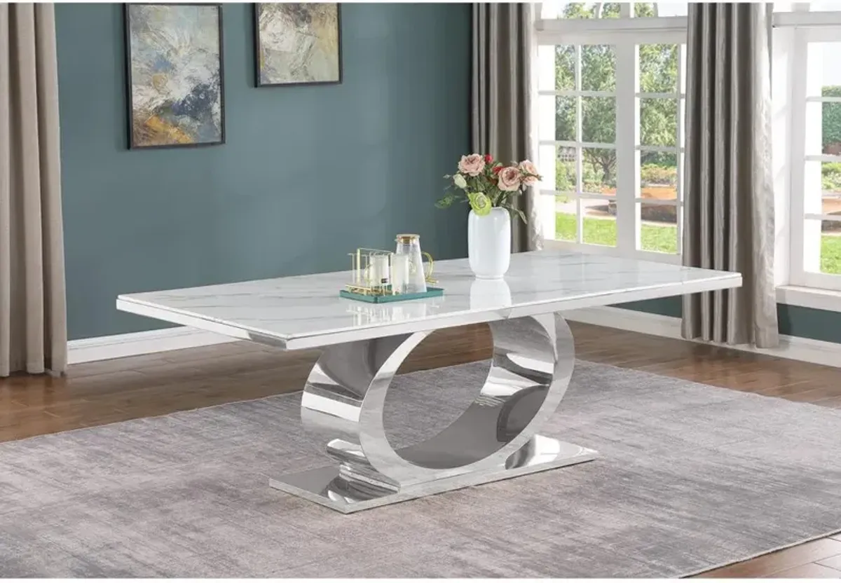 Best Quality Furniture 9pc Large(87) marble top dining set with silver base and 8 Cream side chairs