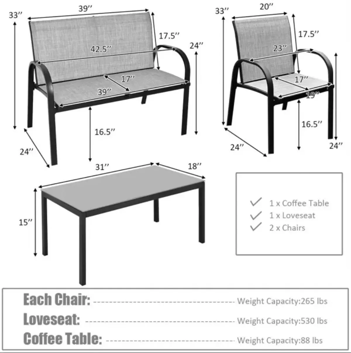 Hivvago 4 Pieces Patio Furniture Set with Glass Top Coffee Table