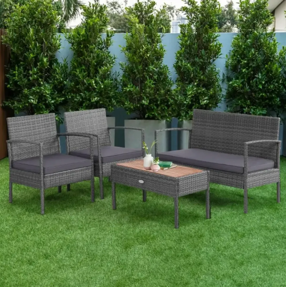 Hivvago 4 Pieces Rattan Patio Conversation Furniture Set with Acacia Wood Tabletop