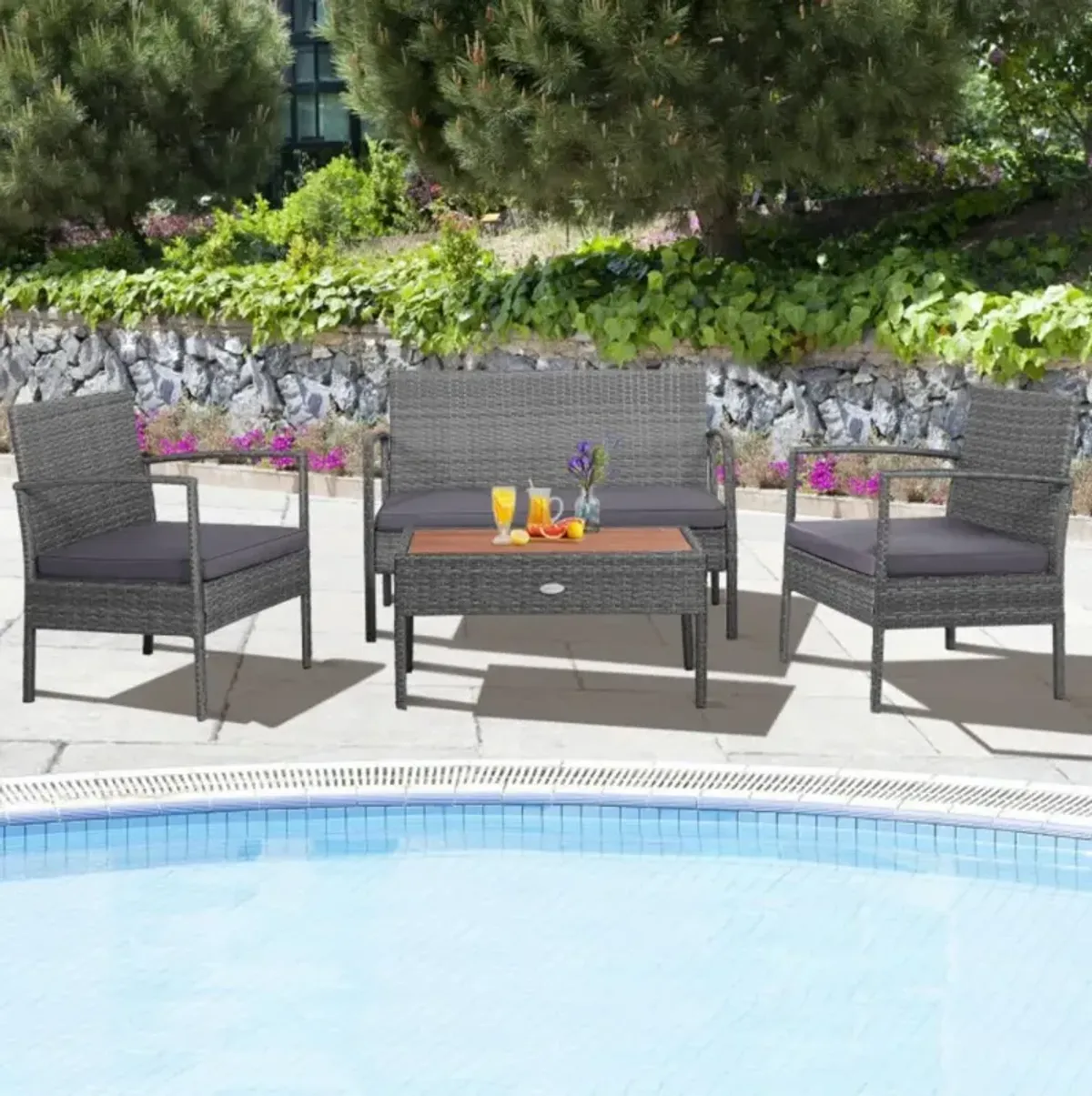 Hivvago 4 Pieces Rattan Patio Conversation Furniture Set with Acacia Wood Tabletop