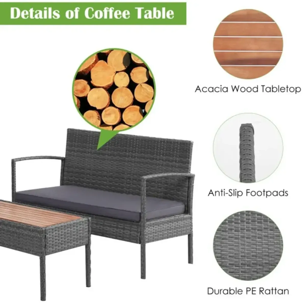 Hivvago 4 Pieces Rattan Patio Conversation Furniture Set with Acacia Wood Tabletop