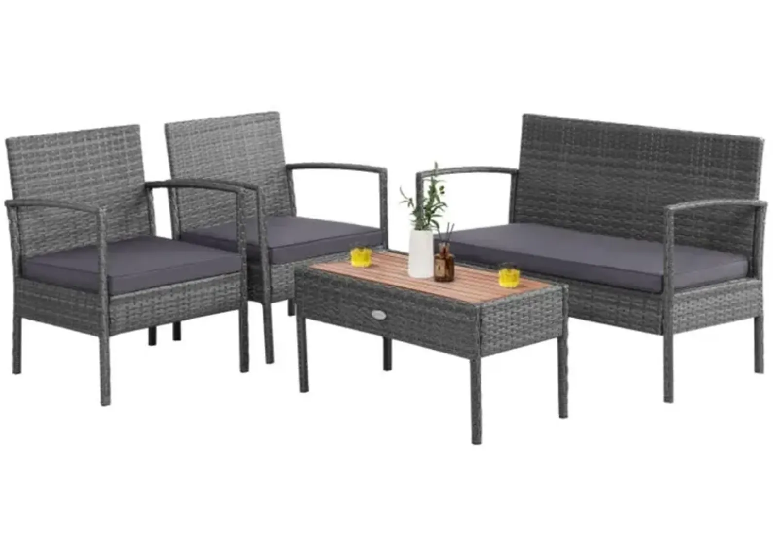 Hivvago 4 Pieces Rattan Patio Conversation Furniture Set with Acacia Wood Tabletop