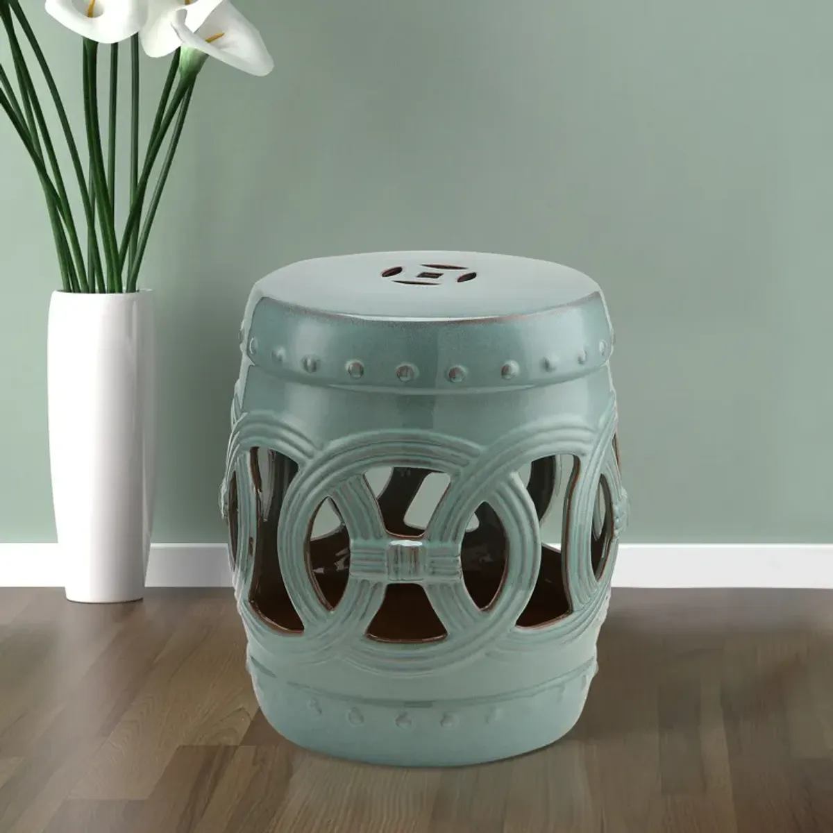 Outsunny 14" x 17" Ceramic Garden Stool with Double-Coin Knotted Ring Design & Strong Glazed Material, Decorative End Table, Home Collection, Antique Blue