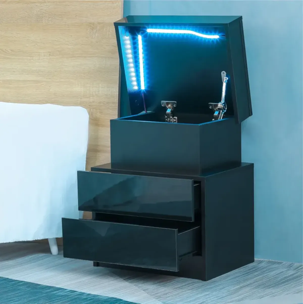 Modern LED Nightstand with 2 Glossy Drawers