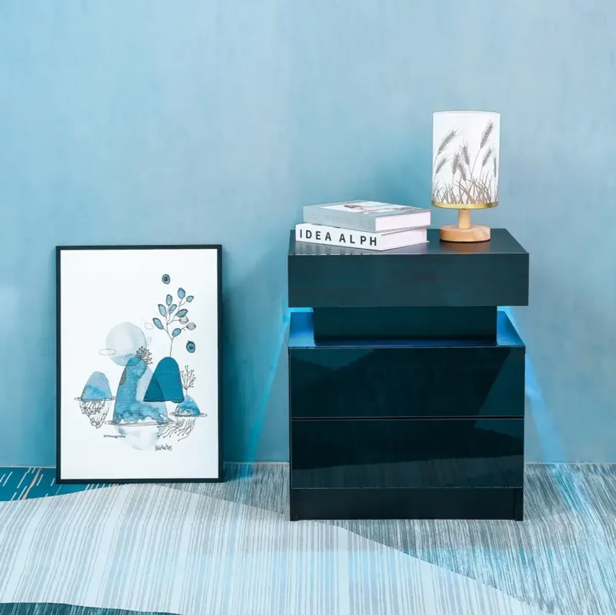 Modern LED Nightstand with 2 Glossy Drawers