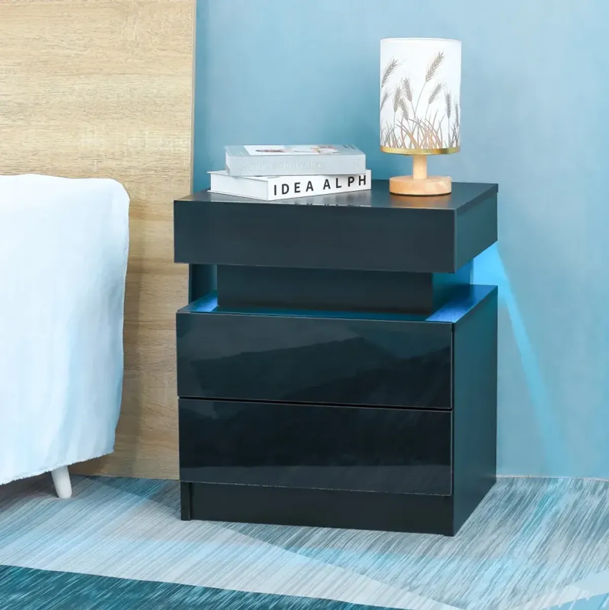 Modern LED Nightstand with 2 Glossy Drawers