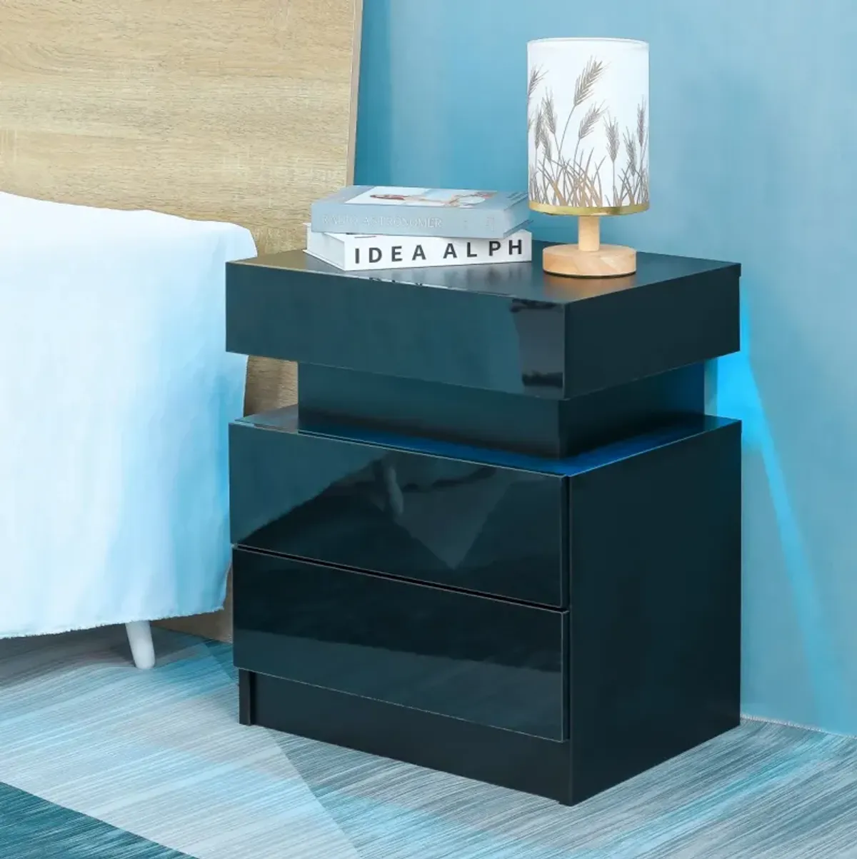 Modern LED Nightstand with 2 Glossy Drawers