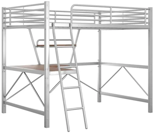 Whisen Modern Full Size Metal Loft Bed with Built-in Desk, Shelf and Ladder - Silver