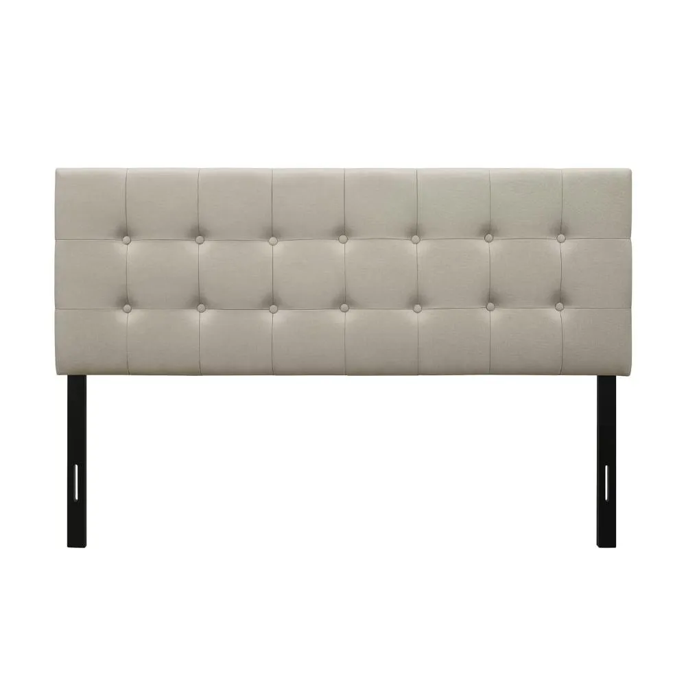 Button-Tufted Headboard in Light Grey Taupe Beige Upholstered Fabric