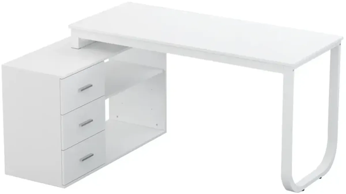 55.1 in. L-Shaped White Wood Writing Desk Corner Gaming Desk With 2-Tier Shelves and 3-Drawers Home Office Use