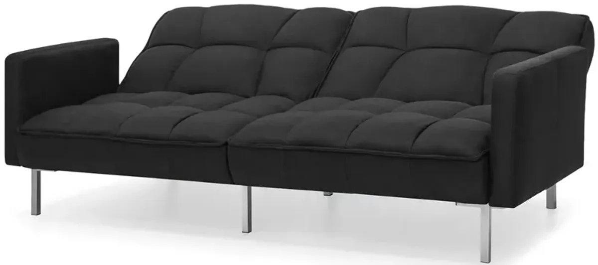 Plush Black Split Back Design Convertible Linen Tufted Futon w/ 2 Pillows