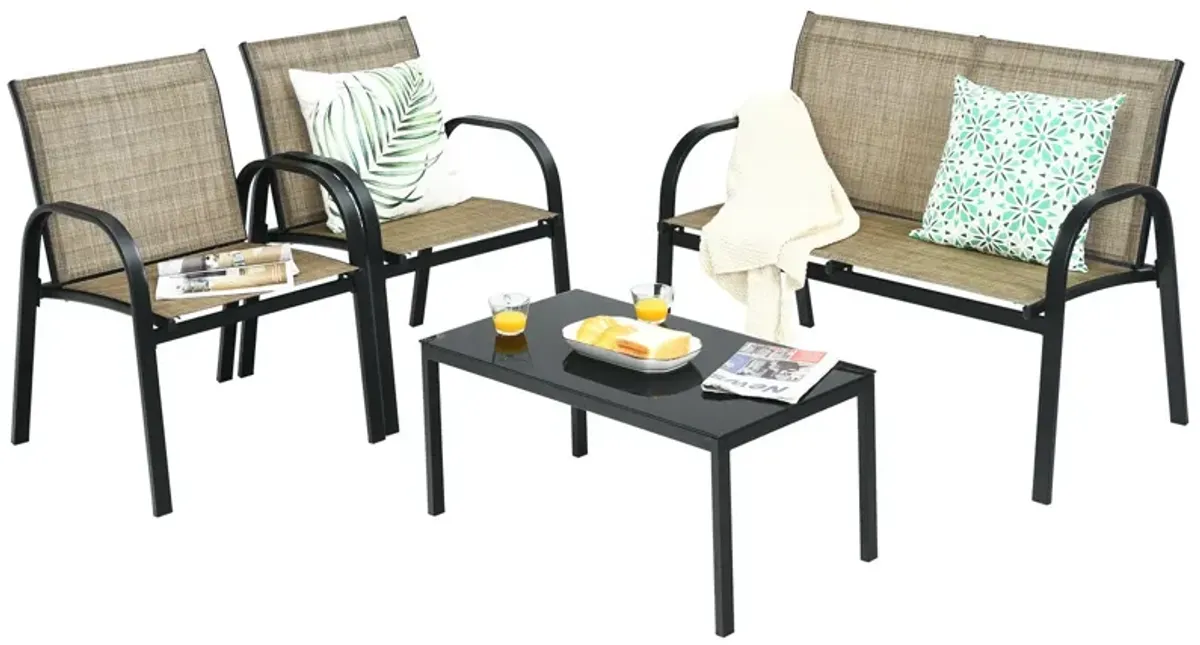 4 Pieces Patio Furniture Set with Glass Top Coffee Table