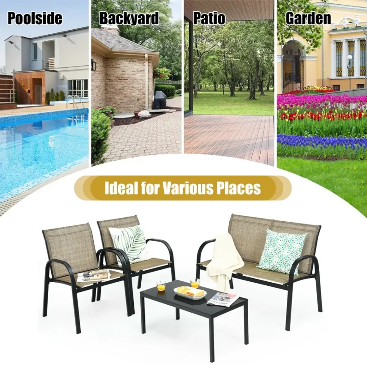 4 Pieces Patio Furniture Set with Glass Top Coffee Table