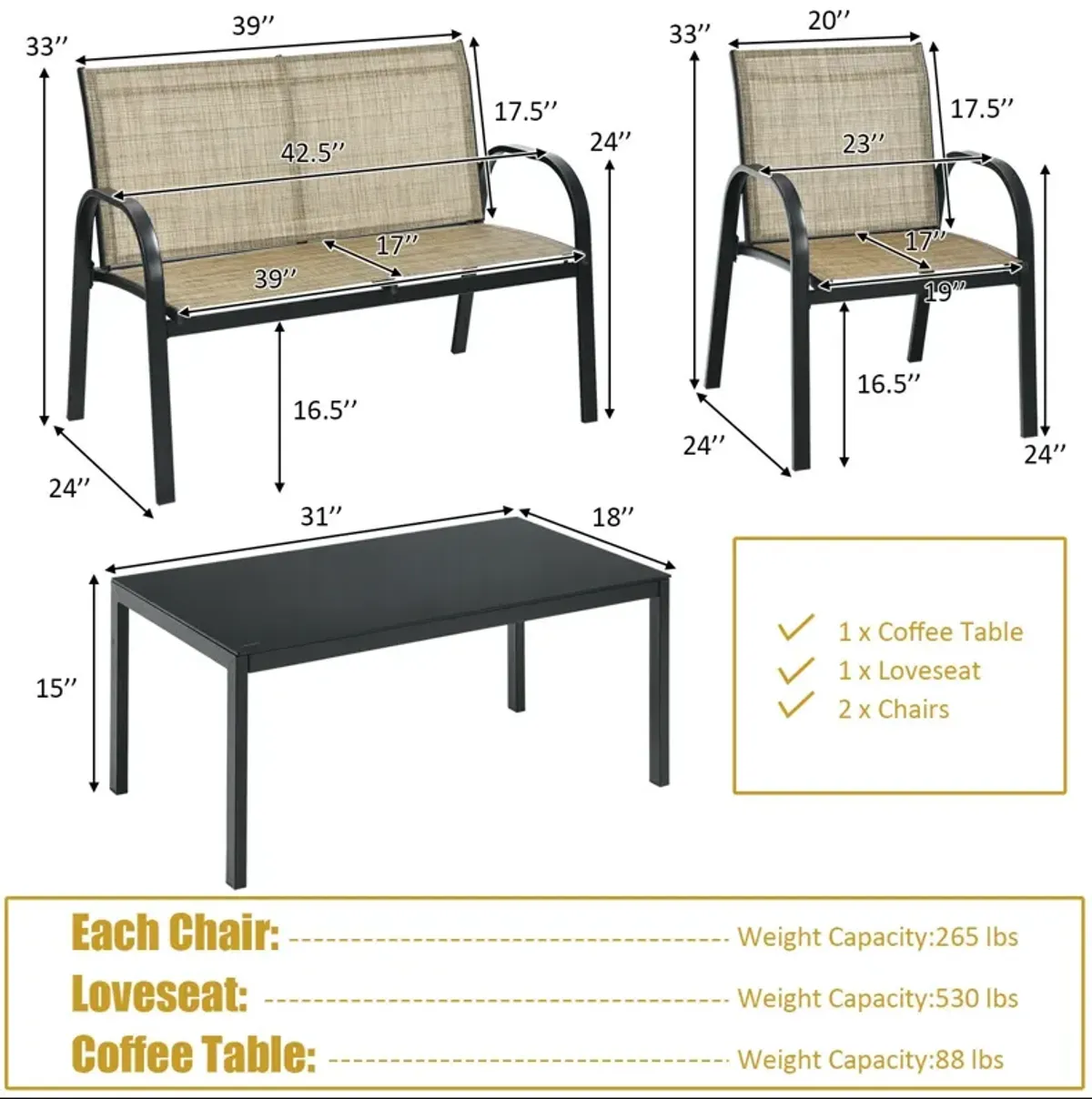 4 Pieces Patio Furniture Set with Glass Top Coffee Table