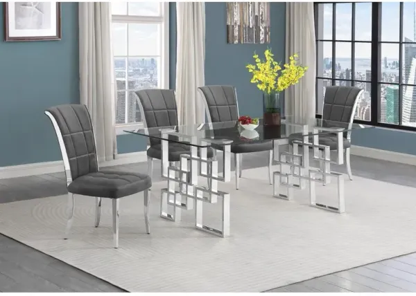 5-piece glam dining set with 4 dark grey chairs and a 79" long glass  table