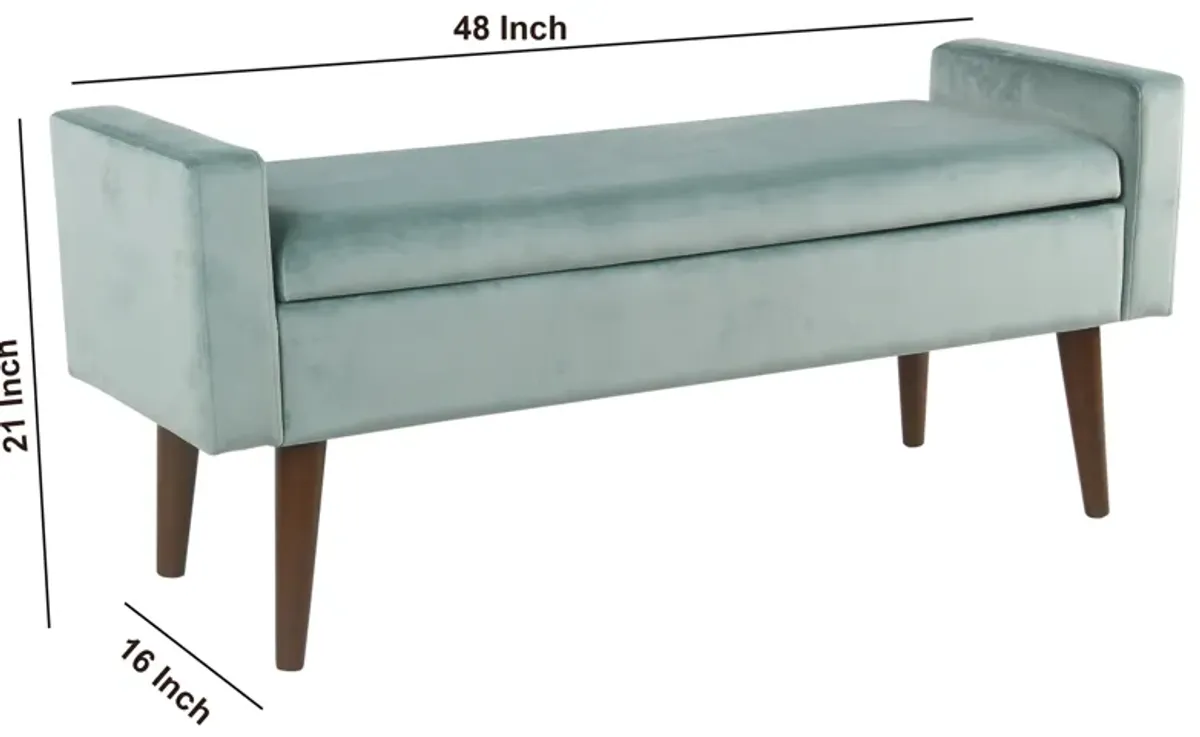 Velvet Upholstered Wooden Bench with Lift Top Storage and Tapered Feet, Aqua Blue - Benzara