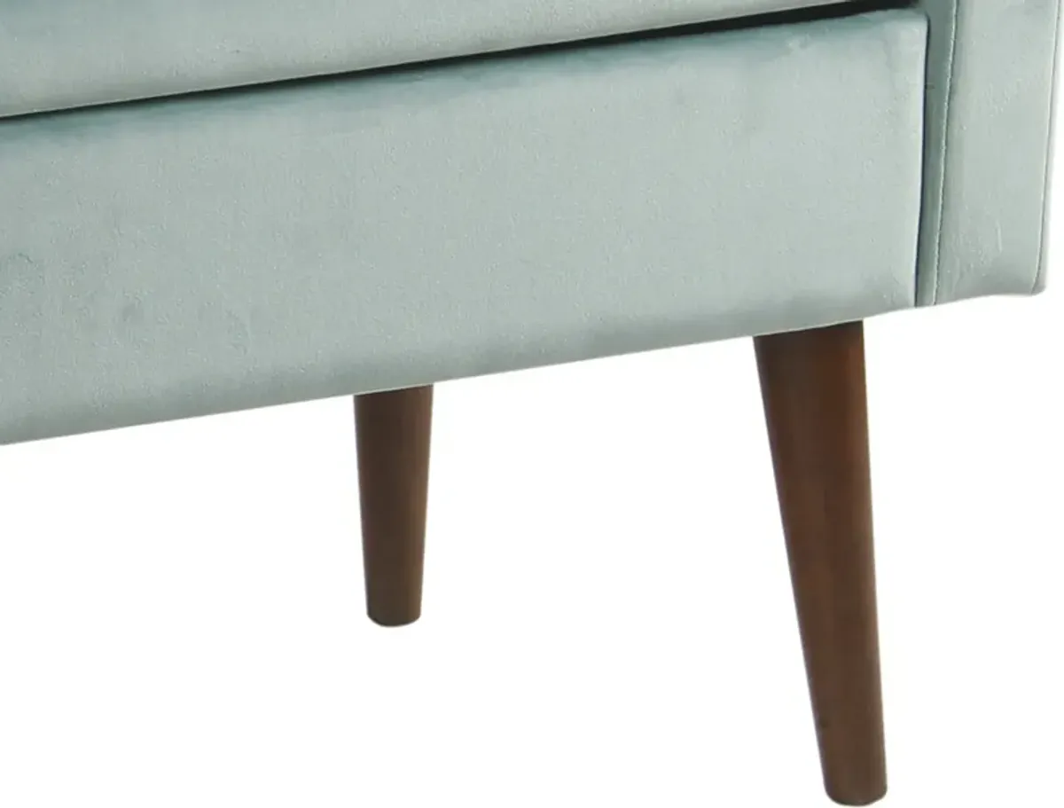 Velvet Upholstered Wooden Bench with Lift Top Storage and Tapered Feet, Aqua Blue - Benzara