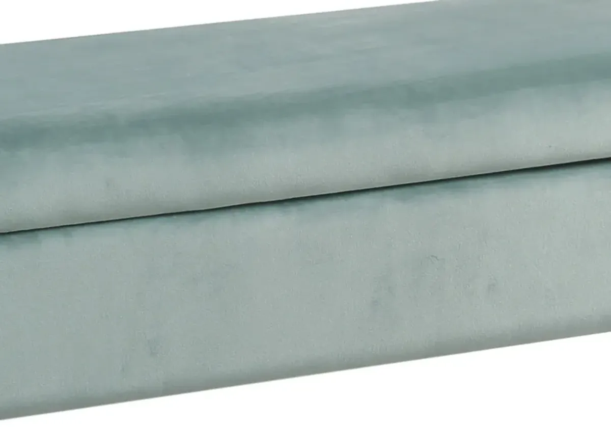 Velvet Upholstered Wooden Bench with Lift Top Storage and Tapered Feet, Aqua Blue - Benzara