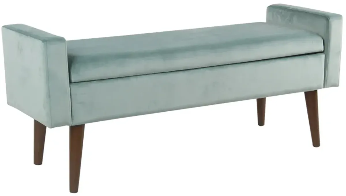 Velvet Upholstered Wooden Bench with Lift Top Storage and Tapered Feet, Aqua Blue - Benzara