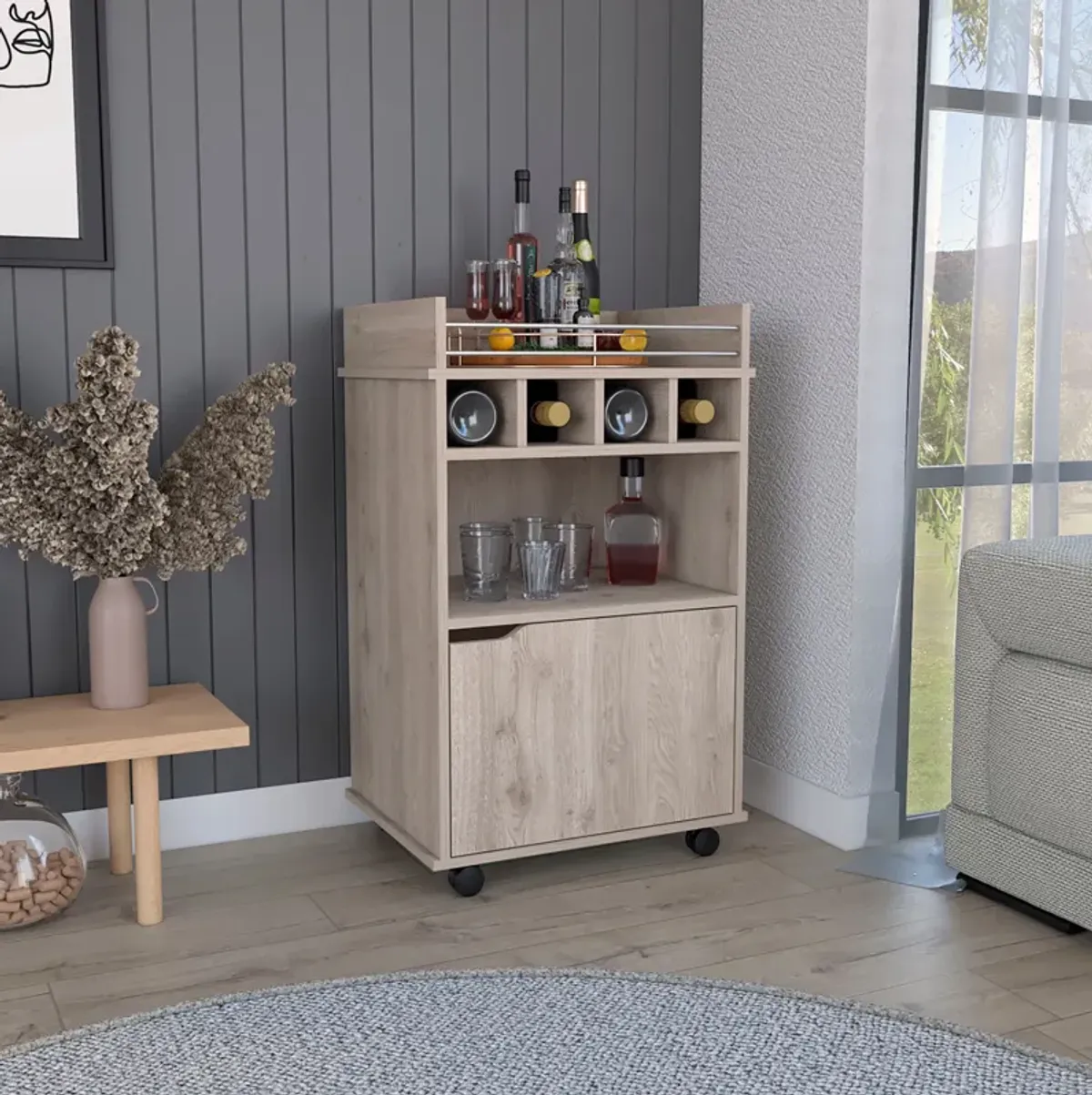 Phoenix Bar Cart with 2 Open Shelves  4 Wine Cubbies and Cabinet