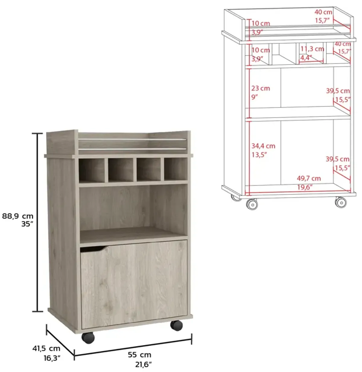 Phoenix Bar Cart with 2 Open Shelves  4 Wine Cubbies and Cabinet