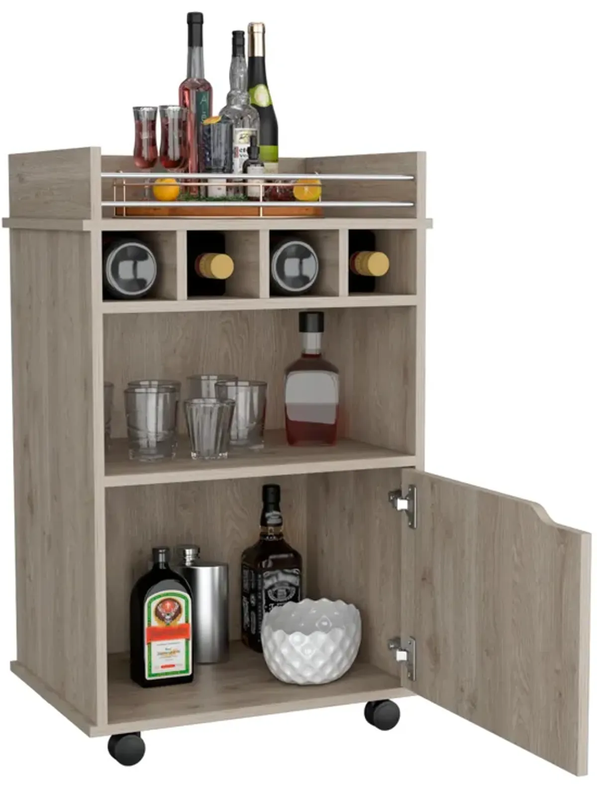 Phoenix Bar Cart with 2 Open Shelves  4 Wine Cubbies and Cabinet