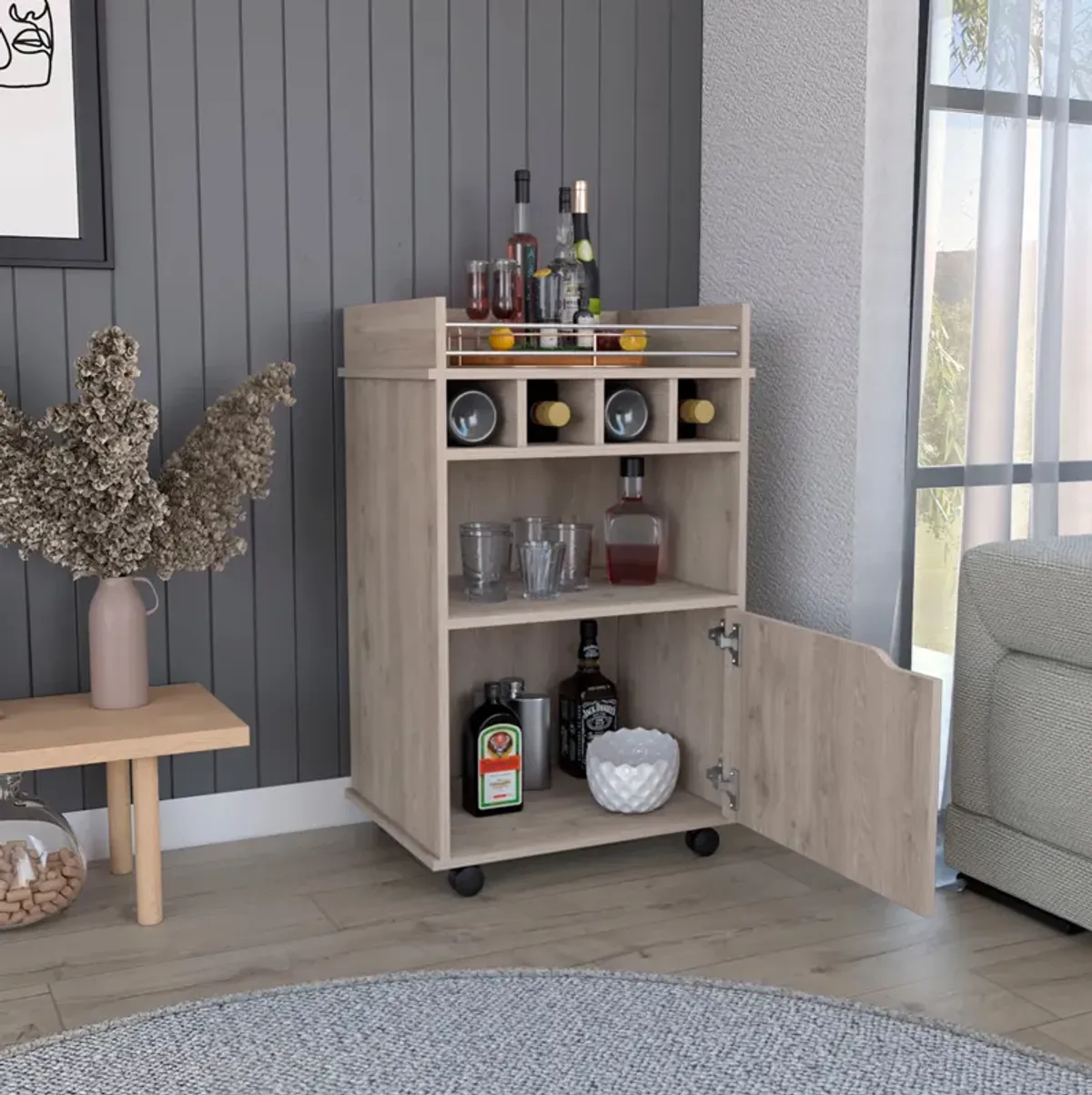 Phoenix Bar Cart with 2 Open Shelves  4 Wine Cubbies and Cabinet